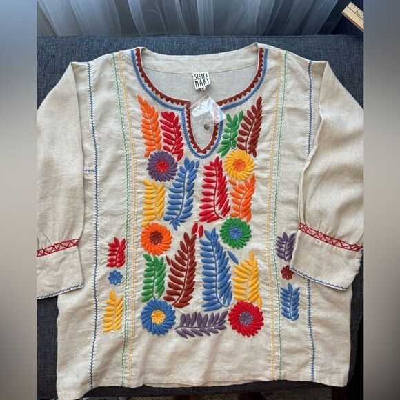 Sister Mary Gloria Tunic Top Rainbow Floral Embroidery Linen Size Medium - Picture 2 of 14